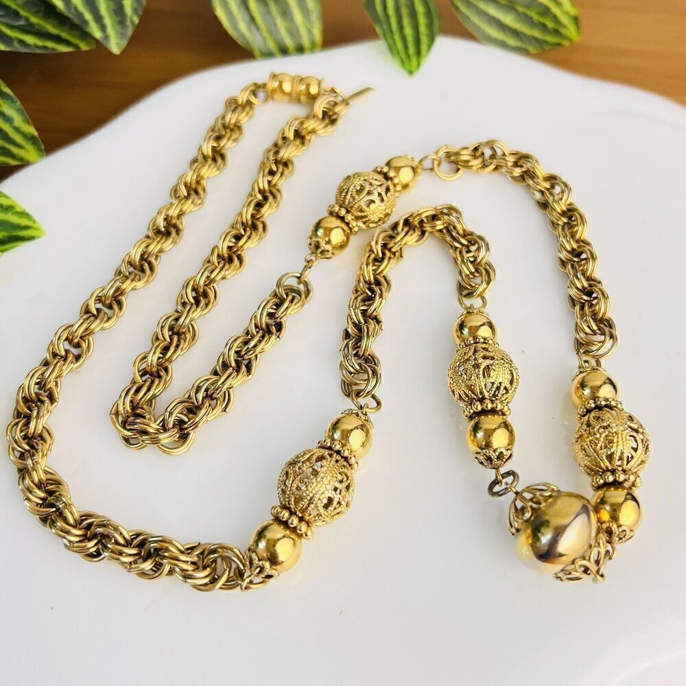 1928 Chunky Interlocking Chain Victorian Filigree Beads Gold Tone Necklace 1422